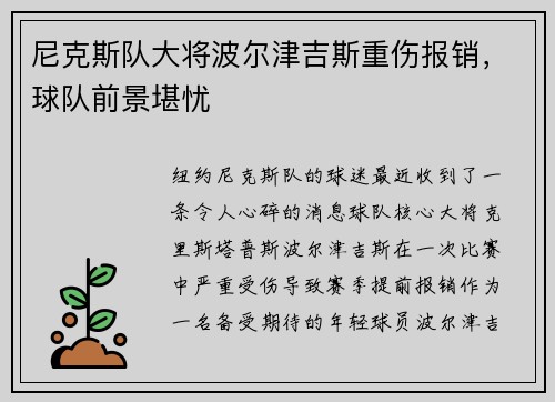 尼克斯队大将波尔津吉斯重伤报销，球队前景堪忧