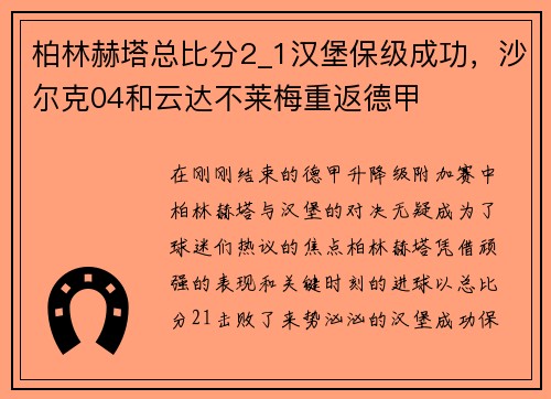柏林赫塔总比分2_1汉堡保级成功，沙尔克04和云达不莱梅重返德甲