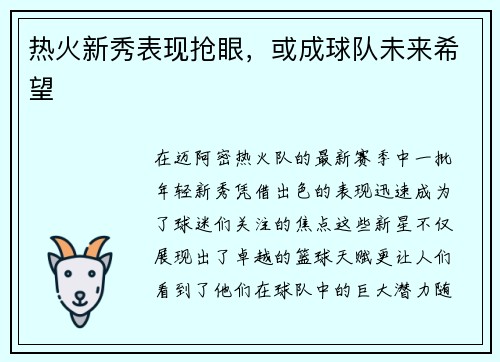 热火新秀表现抢眼，或成球队未来希望