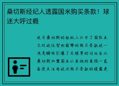 桑切斯经纪人透露国米购买条款！球迷大呼过瘾