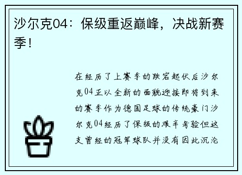 沙尔克04：保级重返巅峰，决战新赛季！