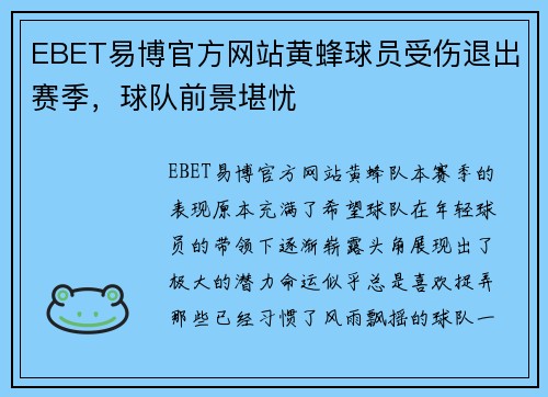 EBET易博官方网站黄蜂球员受伤退出赛季，球队前景堪忧